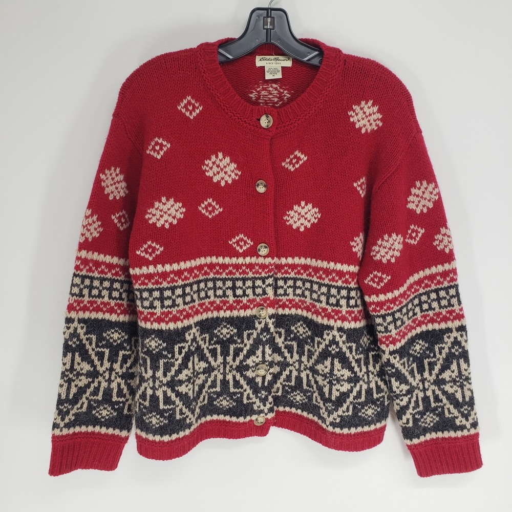 Vintage 90s Eddie Bauer Fair Isle Wool Alpaca Cardigan Sweater Women Sz MP Red